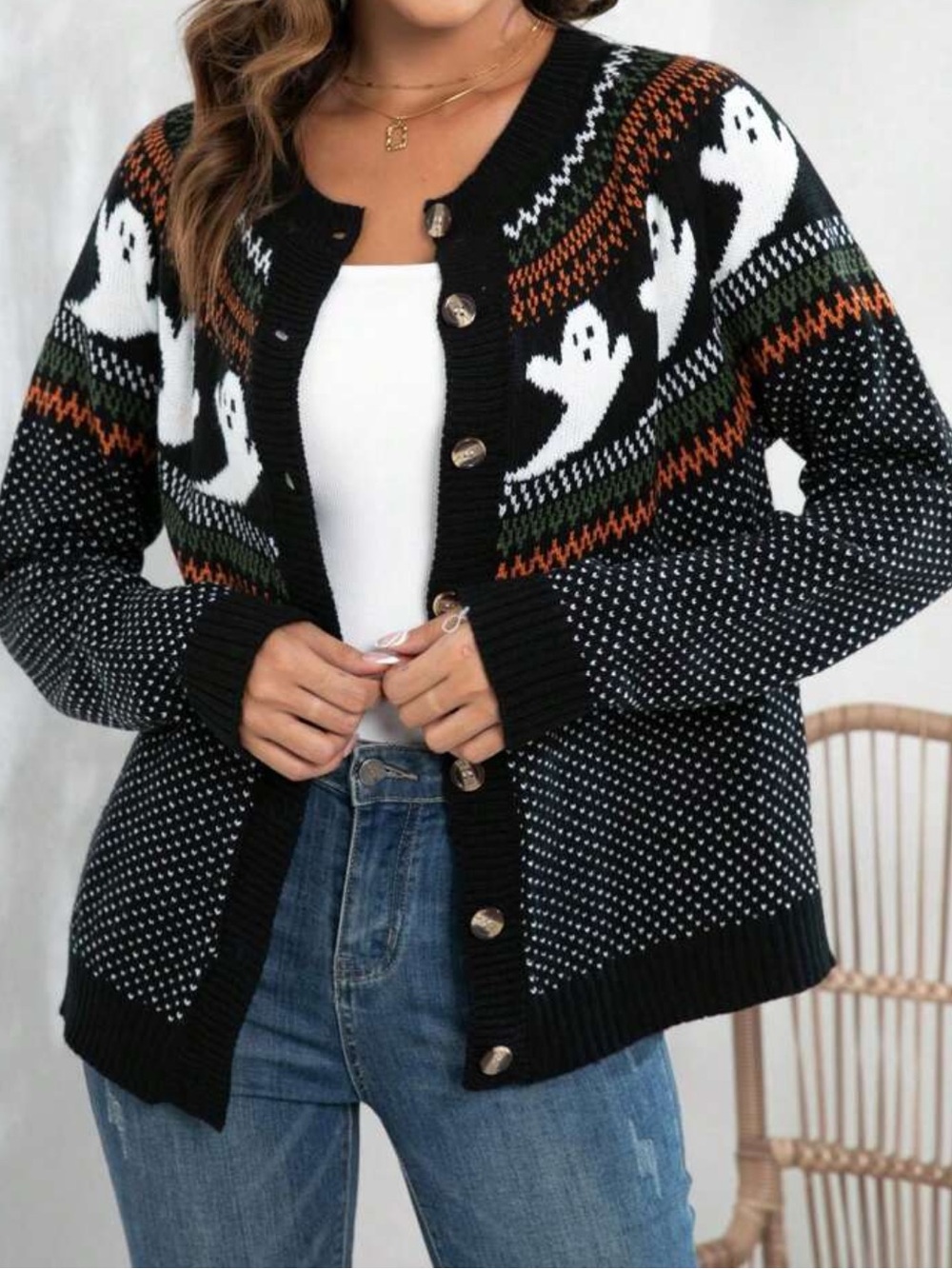 Black Ghost Fair Isle Button-Front Cardigan Sweater